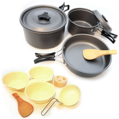 12 teiliges Camping-Geschirr aus leichtem und rostfreiem, eloxiertem Aluminium, Das Outdoor-Kochset besteht aus 2 Töpfen, ideal für 1-2 Personen, Geschirr-Set ideal als Outdoorausrüstung mit praktischen Kunststoff-Haltegriffen, Marke: GanzoO - 5