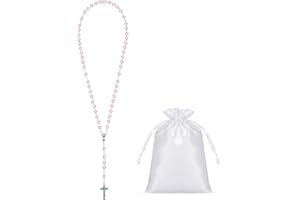 Sinmoe Set de 3 Rosario Corazón Primera Comunión con Tarjetas de Primera Comunión y Bolsa con Cordón Collar Rosario Metálico Collar de Cruz de Perlas Católicas para Niñas Niños Regalo Bautizo