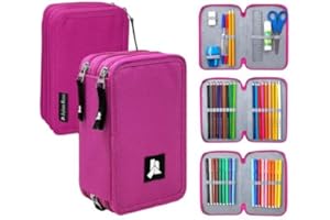 Julian Ross Fucsia Estuche Triple Lleno para Niñas, Plumier Triple, 45 Accesorios Educación Primaria, 20 Centímetros, Pegamento de Barra, Mina+, 3 Cremalleras, Compartimentos Organizados