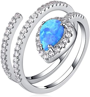LANMPU 925 Sterling Silver Created Blue Fire Opal Fashion Resizeable Rings Rhodium Plating for Women and Girls