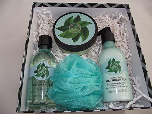 BODY SHOP FUJI GREEN TEA GIFT SET - 200ML BODY BUTTER, 250 SHOWER GEL, 250ML BODY LOTION AND A GREEN BODY POLISHER - GIFT BOXED
