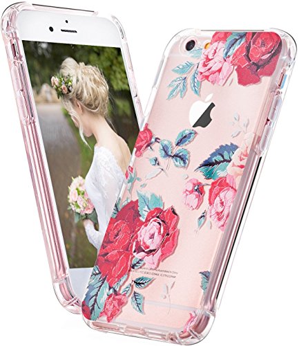 iPhone 7 Case with flowers,iPhone 8 Case, LUOLNH Slim Shockproof Clear Floral Pattern Soft Flexible TPU Back Cover [4.7 inch] -Red Rose