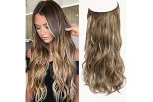 NEXYSHE Invisible Wire Hair Extension Brown with Golden Highlights, Friendly Synthetic 20 inch Wavy Pieces for Women