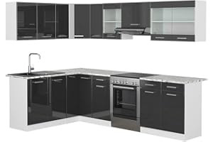 Vicco Cucina angolare completa Rick, Bianco/antracite lucido, 267 x 167 cm, PL Marmo