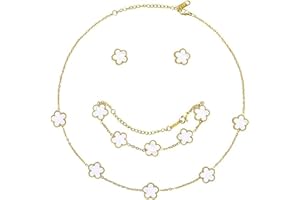 XIWCAFC Conjunto de Joyas para Mujer con Trébol de Cuatro Hojas 18K Oro Plateado Acero Inoxidable Doble Cara Trébol de Cuatro Colgante Collar Pendientes Pulsera Juego de Joyas