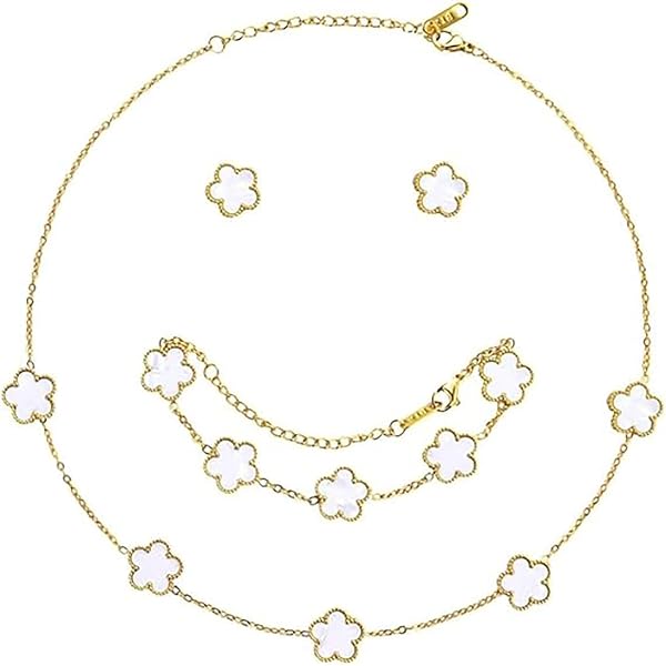 Ensemble De Bijoux Trèfle à 4 Feuilles - Collier, Boucles D'oreilles, Bracelet, Bague - Alliage Rose, Symbole Chance - Cadeau Femme/fille