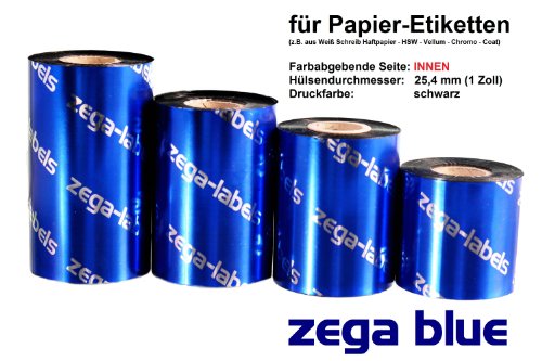 Thermotransfer Farbband schwarz 110 mm x 300 m – zega blue (Wachs Premium) – Farbseite INNEN – für Industriedrucker welche nur INNEN gewickelte Farbbänder verarbeiten können – auf 1 Zoll Kern 25 mm – für Papieretiketten Bedruckung - 2