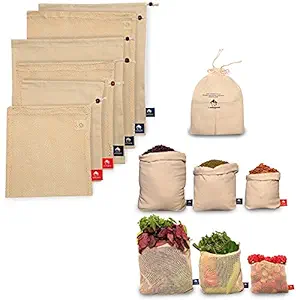 Leafyganic (Set of 7) Reusable Cotton Muslin & Mesh Net Vegetable Storage Bags for Fridge Eco Friendly , 100% Cotton fridge storage bags for Vegetable/Fruit Bag for Grocery Shopping/Drawstring and Washable reusable ziplock bags