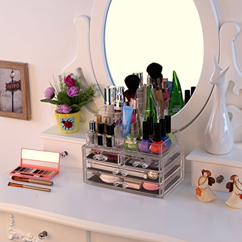 Songmics Acryl Kosmetik aufbewahrung Organizer Schubladen 24 x 13,5 x 18,5 cm 2 Ebenen 4 Schubladen große JKA001 - 2