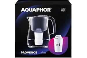 AQUAPHOR Wasserfilter Provence Schwarz inkl. 1 A5 Filter I Karaffe für 4,2l I Großer WasserfiIter Glasoptik I Reduziert Kalk & Chlor I Tischwasserfilter I Stylischer Behälter I Perfekt für die Familie
