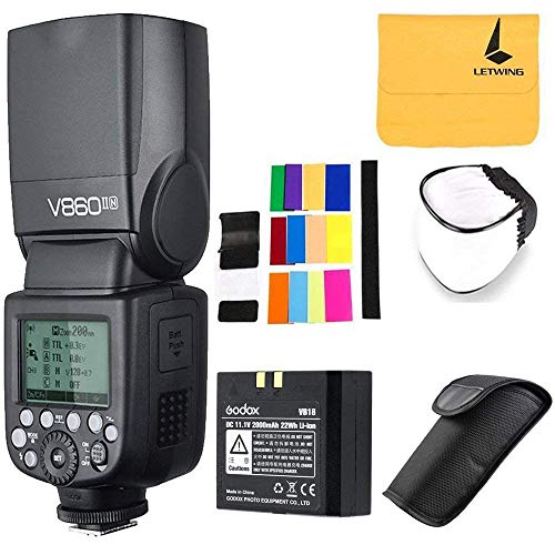 Godox V860II-N 2.4G TTL HSS 1/8000s con Li-on Batería Camara Flash Speedlite para Nikon D500 D7200 D5500 D5300 D300 D300S D3200 D3300 D3400 D200 D70S D810 D610 D90 D750 +LETWING Paño (V860II-N)