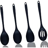 Silicone Kitchen Utensils Set of 4, Large Non-Stick Silicone Spoon Spatula, Black Slotted Spoons Heat Resistant for Kitchen a