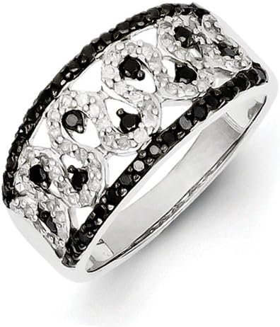 Sterling Silver Polished Prong set Gift Boxed Black and White Diamond Cigar Band Ring - Size L 1/2