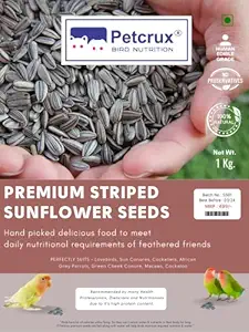 Petcrux Premium Veg Striped Sunflower Seeds Bird Food for Lovebirds, Sun Conures, Cockatiels, African Grey Parrots, Green Cheek Conure, Macaws, Cockatoo (Sunflower Seeds, 1kg)