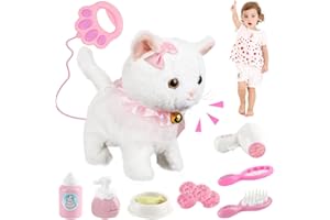 Lotvic Jouet Électronique en Peluche, Animal Chat Électronique, Chat Interactif Qui Marche et Miaule avec Laisse Télécommandée, Chats en Peluche Électroniqu, Cadeaux de Jouets pour Enfant de 3-6 Ans