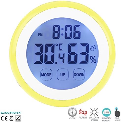 Spectronix Touchscreen Digital Indoor Home Comfort Monitor | Displays Room Temperature, Humidity &amp; Time with Alarm | LCD &amp; Backlight Display with Magnetic Back | Hygrometer for Home &amp; Office - Clock Version (Green)