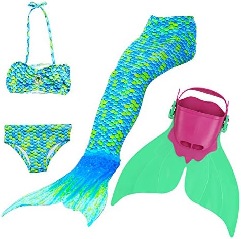 Superstar88 4PCS Girls Mermaid Tail Swimsuit Sparkle Princess Bikini Swimwear (105 Green, 150 (10-12 Years Old))