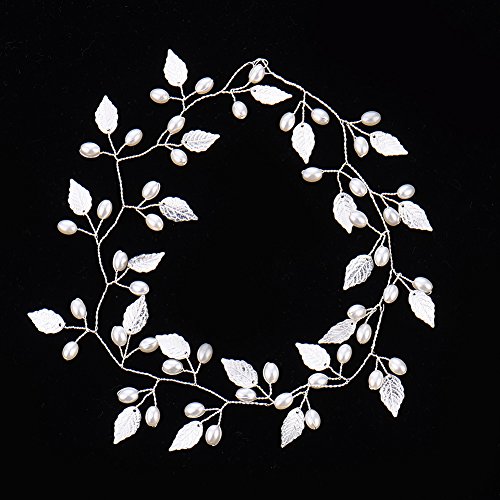 Oshide Weiß Perlengirlande Blatt Haar Accessoires, Braut Hochzeit Haarschmuck Brautschmuck(Silber) - 2