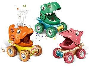 Tum Tum Dinosaur Toys for 2-5 Year Old Boys, Flashing Lights and Dino Roar Music Toys for 3 Year Old Boy, Dinosaurs Pull Back Cars, Monster Trucks Birthday Gifts for Kids Age 2,4,5 - Colorful