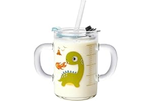 ITODA Tasse à Lait pour Enfants avec 2 Pailles et Couvercle, Tasse en Verre Transparent 250ml Verre d'eau Mesurer Dessin Animé Impression avec Double Poignée Mugs et Tasses pour les Enfants 4-6 Ans