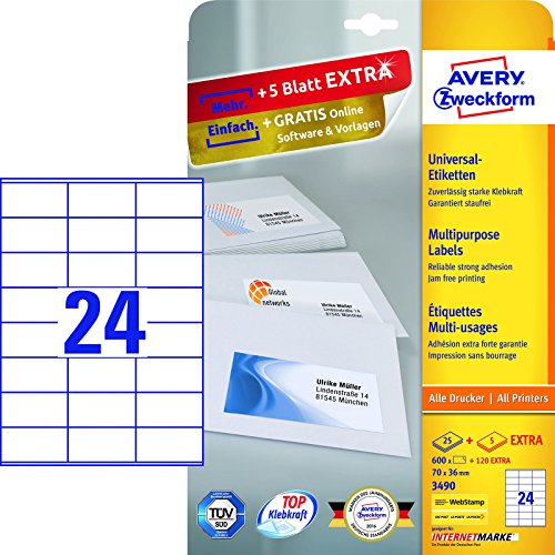 Avery Zweckform 3490 Adressetiketten (A4, Papier matt, 1200 Etiketten universal, 70 x 36 mm) 50 Blatt weiß