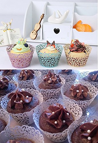 DIKETE® Cupcake Wrappers 50 stück Filigree Artistic Backen Kuchen Pappbecher Little Vine Spitze Schnitt Baking Cup Muffin-Kasten Untersatz für Hochzeit Geburtstag Party Dekoration weiß - 2