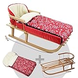 a) Holzschlitten inklusive Rückenlehne und Zugseil + b) Winterfußsack aus Lammwolle