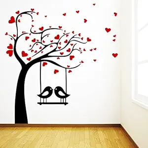 DECOR Kafe Home Decor Birds Swings on Tree Wall Sticker, Wall Sticker for Bedroom, Wall Art, Wall Poster (PVC Vinyl, 60 X 66 cm)