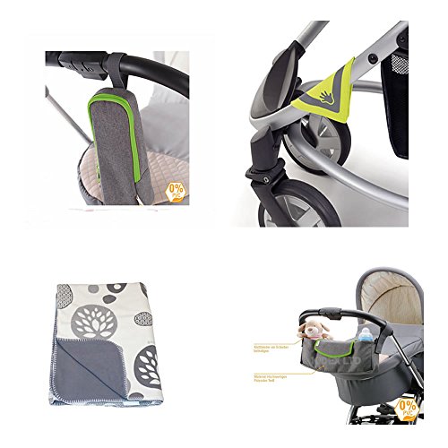 Pram Winter Accessories package ,Stroller organiser, Bottle bag, Reflcetors and doomoo fleece blanket -green trim