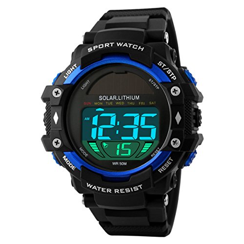UNIQUEBELLA Mode Armbanduhr 1129 Multifunktional LED Solar Digitaluhr Sportuhr Kinder Herren Jungen Silikon Wasserdicht Blau