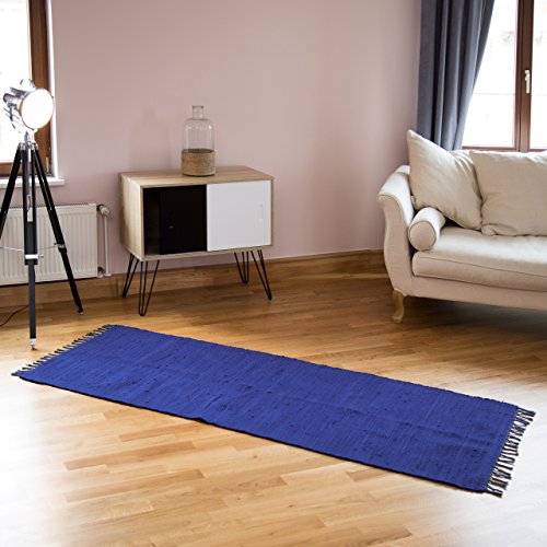 Relaxdays Flickenteppich blau 80 x 200 cm mit Fransen 100 % Baumwolle, einfarbig, Fleckerlteppich, dunkelblau - 2