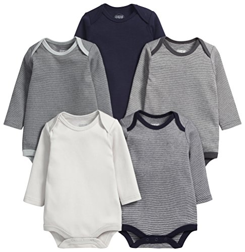 Mamas & Papas Baby-Boys Mamas And Papas 5 Pack Long Sleeve Bodysuit Striped Blue Long Sleeve Set of 5 Bodysuit, Blue, 6-9 Months