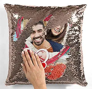 DreamVio Personalized/Personalise Photo Magical/Magic/Red Magic Photo Cushion/Pillow |Gifting Cushions for All Occasions| with 1 Photo Size 16x16 Inches (Golden)