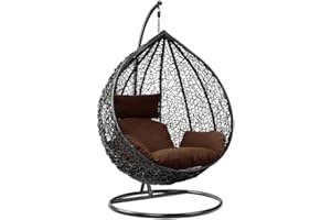 YESUITME Garden Swing Egg Chair Hanging Chair Hammock Chair with Cushion, Patio Furniture Indoor Outdoor Lounge Black Chairs Brown Cushion with Sturdy Steel Frame