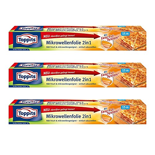 Toppits Mikrowellen- Frischhalte-Folie 2in1 Easy-Cut 15m x 32,5cm (3er Pack)