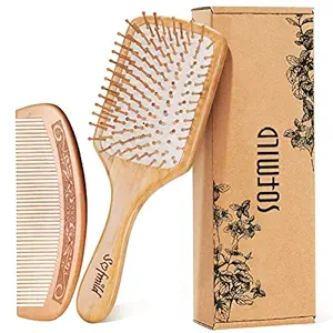 Hair Brush-Natural Wooden Bamboo Brush and Wooden Comb Set Eco Friendly Paddle Hairbrush for Women Men and Kids Make Thick Curly Hair Health and Massage Scalp