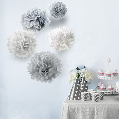 PUMPKO 10er Set Premium Seidenpapier PomPoms für Ihre Hochzeit | Pom Poms zur Deko von Geburtstagen | Papierblumen für eine besondere Party | Pompons in Weiß, Hellgrau und Grau - 2