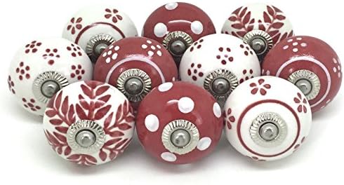 Set of 10 Red &amp; White Ceramic Door Knobs by These Please FP14