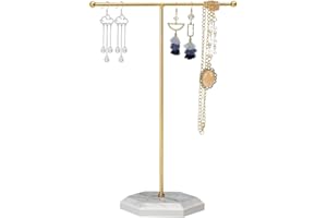 mkemka Gold Colour Jewelry Stand with Marble Pattern Tray Multi Functional Bedroom Dresser Display and Holder for Necklaces Earrings and More