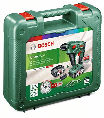 Bosch DIY Akku-Bohrhammer Uneo Maxx, 2 Akku, Ladegerät, Rundschaftadapter, 2 SDS-Quick Betonbohrer, 2 Hex-Schaft Bohrer, 4 Bits, Koffer 18 V, 2.5 Ah, 10 mm Bohr-Durchmesser Beton - 6