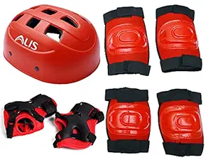 Alis Kids PVC Plastic 4 in 1 Knee Pads, Elbow Guard, Pair of Gloves, Helmet Safety Gears Set Combo for Injury Resistance Protective Gear for Roller Skates, Cycling , Sports (Red)