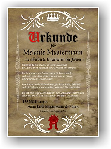 Urkunde zum Abschied Kindergarten Kita persönliches Geschenk Urkunde für Erzieherin mit 8 Motiven zur Auswahl - 8