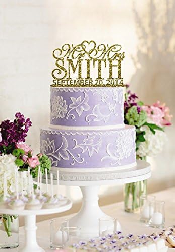 Wedding Cake Topper Mr&amp;Mrs with Heart Accent Personalised Last Name and Wedding Date Designer Bling Gold Cake Topper