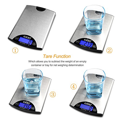 iDOO 5KG/1gramm hohe präzise Digitale Küchenwaage mit Tara-Funktion, Edelstahloberfläche, Beleuchtetes LCD-Display, Inkl. Batterie. - 4