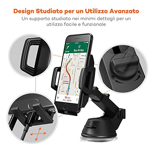 Supporto Auto Smartphone TaoTronics Porta Cellulare Auto con Tasto Posteriore di Rilascio Automatico, Supporto per Auto (Base Retrattile e Regolabile, Perno Regolatore Aggiustabile, Ventosa Larga e Piatta, 3 Modi per Regolare, Compatibile con iPhone, Galaxy e gli Smartphone PiÃ¹ Comuni) per iPhone 7 / 6 / 6s / 5s / 5 , Galaxy Note 8 / S8, HUAWEI, Xiaomi, One Plus ecc