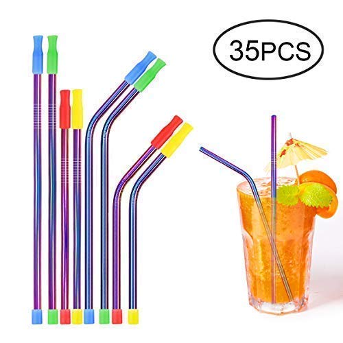 Tospanic - Juego de 18 pajitas de acero inoxidable reutilizables y lavables, de 6 mm, de metal, dobladas y rectas, con 2 cepillos limpiadores Colourful