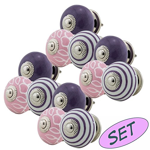 Möbelknopf Möbelknauf Möbelgriff Set JK0240 12er lila rosa 03018 Keramik Porzellan handbemalte Vintage Möbelknöpfe für Schrank, Schublade, Kommode, Tür - Jay Knopf