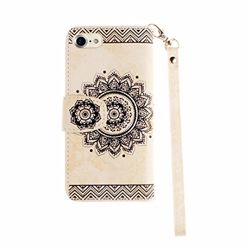 MUTOUREN Schutzhülle Case für iPhone 7 4.7 Zoll Prägung Blumen Geprägte indische Mandala Muster Buch-Stil Bookstyle Handyhülle Schutzhülle Taschen Anti-scratch Bumper et Shock Absorption Magnetverschluss Magnet Etui + Metall Touch-Pen, Retro Weiß - 4