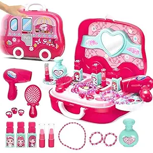 M.M. Toy World Play Kids Makeup kit, Pretend Play Make up Case and Cosmetic Accessories, Girls Pretend Play Styling Saloon Toy Set for Girls- Multi Color