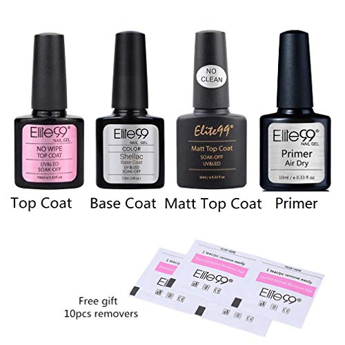 Elite99 Esmaltes Semipermanentes de gel UV LED, 4pcs Kit de Esmalte para Uñas, Base coat Top Coat sermipermanente, Top Coat Mate y Primer para uñas Gel Soak Off, con 10cps de Removedores como Regalo